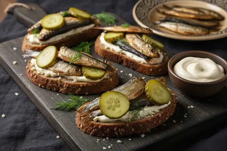 Бутерброды со шпротами, солёным огурцом, чесноком и майонезом на чёрном хлебе