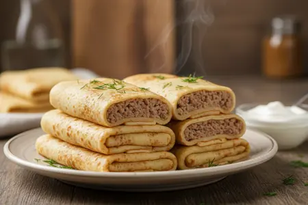 Блинчики с мясом: как приготовить сочную начинку и тонкие блины