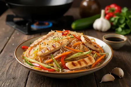 Азиатский ужин: сочная фунчоза с курицей и свежими овощами