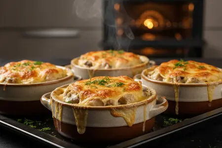 Жульен с курицей и грибами в горшочках в духовке