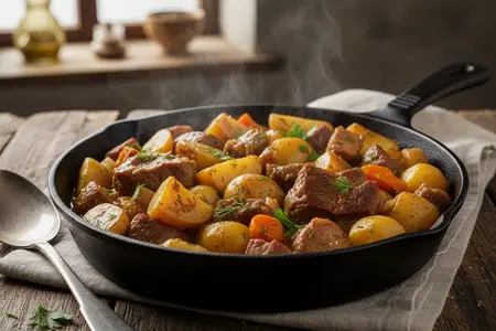 Картошка тушёная с мясом в сковороде