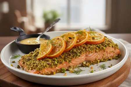 Лосось, запечённый под фисташковой корочкой с апельсином