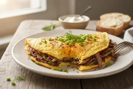 Омлет из домашних яиц с тушёной капустой и зелёным луком
