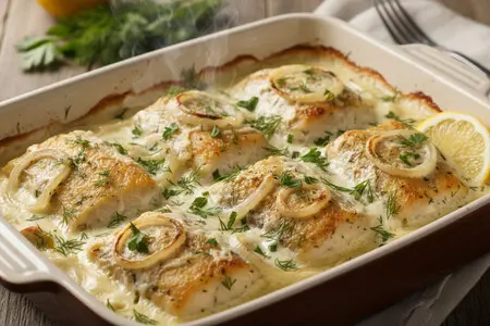 Минтай в духовке с луком и сметаной - сытное рыбное блюдо