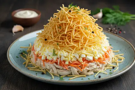 Салат "Муравейник" с курицей и картофельной соломкой