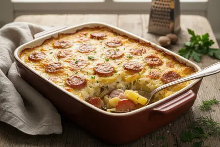 Запеканка с сосисками под соусом бешамель - сытный ужин для всей семьи