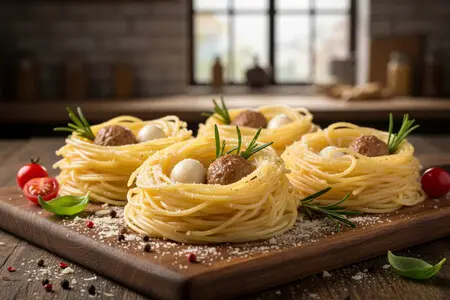 Гнезда из макарон с фаршем - сытно, вкусно и просто!