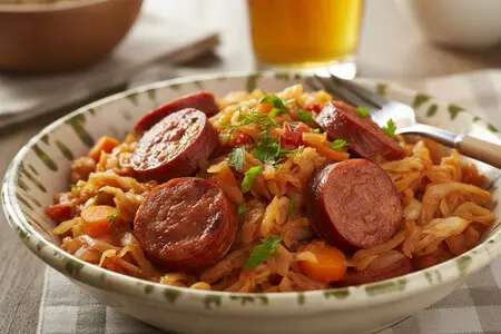 Тушёная капуста с мясными колбасками - сытный домашний рецепт