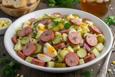 Салат с копченой колбасой и солеными огурцами - простой и вкусный рецепт