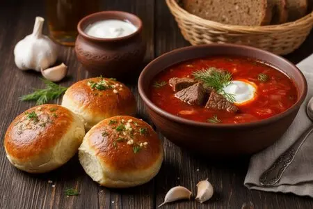 Борщ с говядиной и чесночными пампушками - сытный обед ко Дню защитника Отечества