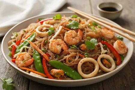 Фунчоза с морепродуктами и овощами - азиатское блюдо за 20 минут