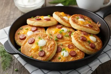 Оладьи на кефире с колбасой и сыром на сковороде - вкусный и сытный завтрак