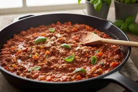 Классический болоньезе с фаршем и томатной пастой на сковороде