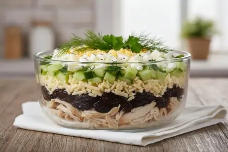 Салат с черносливом и курицей слоями с сыром, огурцом и яйцом