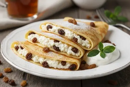 Блины с начинкой из творога и изюма к Масленице