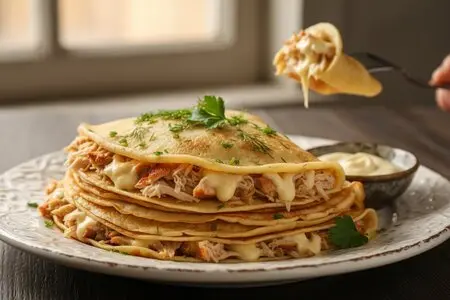 Блины с копчёной курицей и плавленым сыром к Масленице