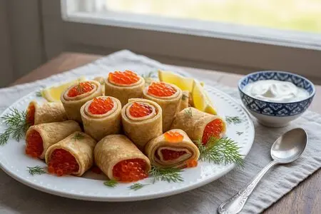 Рулетики из блинов с красной икрой - рецепт к Масленице