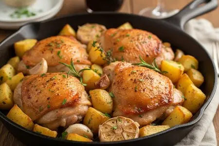 Запечённые куриные бедра с картофелем и чесноком - сытный обед для мужчин к 23 февраля