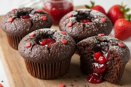 Шоколадные маффины с сердечками и клубничным сюрпризом - идеальный десерт на 14 февраля