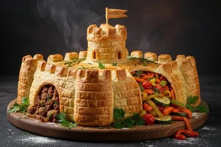 Пирог "Крепость" к 23 февраля - сытный пирог с мясной и овощной начинкой