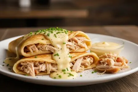 Блины с копченой курицей и сырным соусом на Масленицу