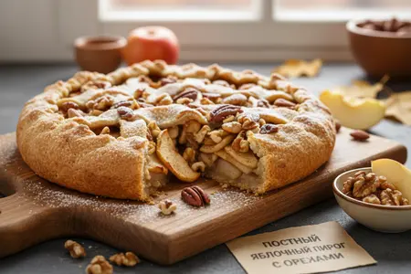 Постный пирог с яблоками и орехами: сочный рецепт без яиц и молока