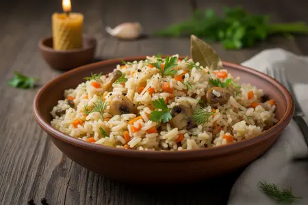 Постный рис по‑монастырски: рассыпчатый рис с грибами и овощами