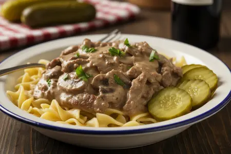 Бефстроганов с солёными огурцами - нестандартный вариант классического блюда