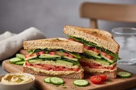 Сэндвич с хумусом, огурцом и томатами - питательный постный перекус