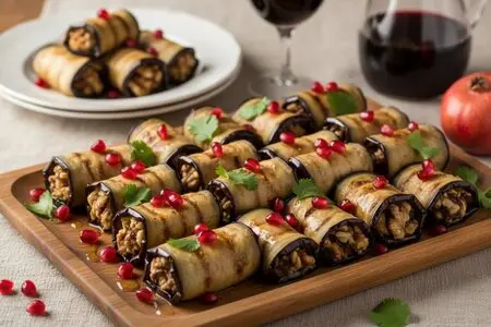 Рулетики из баклажанов с ореховой начинкой и гранатом к 8 марта