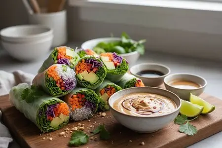 Постные спринг-роллы с овощами и арахисовым соусом - яркая закуска к 8 марта