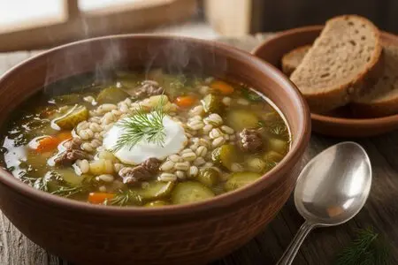 Рассольник с перловкой и солёными огурцами - классика домашней кухни