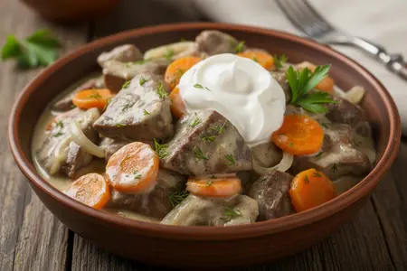 Тушёная печень в сметанном соусе с овощами - классическое блюдо для семейного ужина