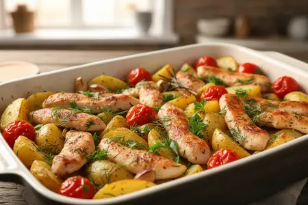 Сытный ужин без хлопот: запекаем картошку с курицей и помидорами