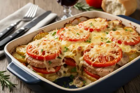 Сытное блюдо для всей семьи: мясо по‑французски с картофелем и томатами