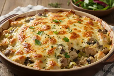 Золотистая сырная корочка, нежные грибы и сочная курица - идеальная запеканка