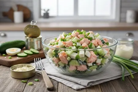 Классический салат из консервированной горбуши - простой рецепт