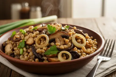 Уютный постный ужин: нежная перловка с ароматными грибами и карамелизированным луком