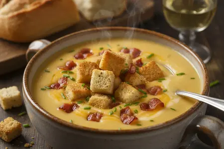 Классический сырный суп с хрустящими сухариками и ароматным беконом: рецепт для семейного обеда