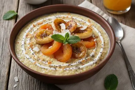 Пшенная каша на кокосовом молоке с курагой и бананом
