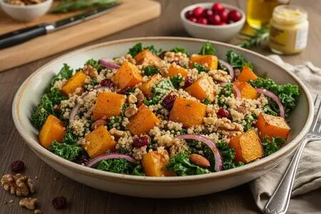 Тёплый салат из кейла, киноа и запечённой тыквы с соусом из тахини