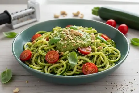 Овощные спагетти из цукини с соусом из кешью и базилика