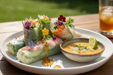 Роллы из рисовой бумаги с овощами, проростками и соусом из манго