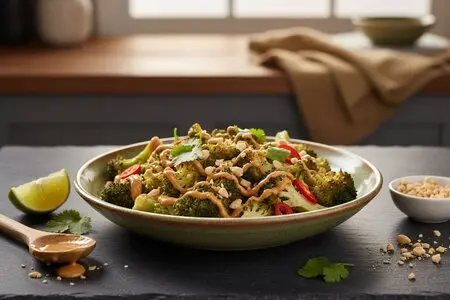 Тёплый салат из брокколи с соусом из арахиса и лайма