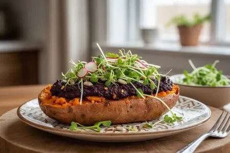 Запечённый батат с хумусом из чёрной фасоли и микрозеленью