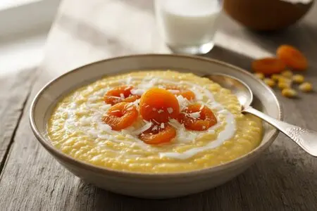 Каша из кукурузной крупы с кокосовым молоком и курагой - идеальный постный завтрак