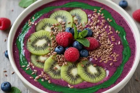 Ягодный смузи-боул с семенами льна, спирулиной и кусочками киви