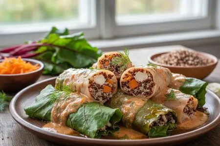 Голубцы из свекольных листьев с киноа, морковью и куриной грудкой