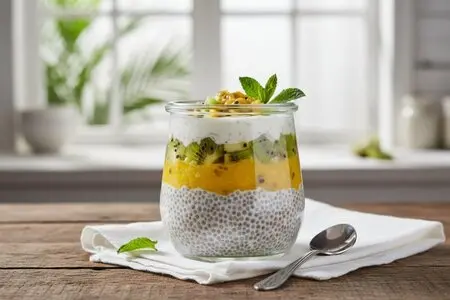 Чиа-пудинг на кокосовом молоке с пюре из маракуйи и мякотью киви