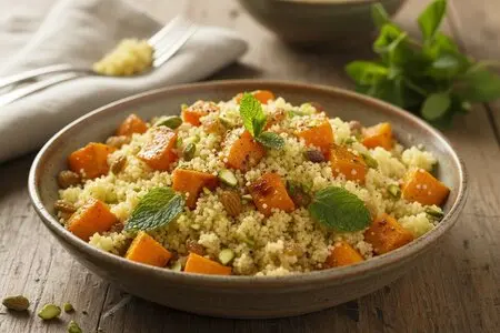 Кускус с печёной тыквой, изюмом и мятой